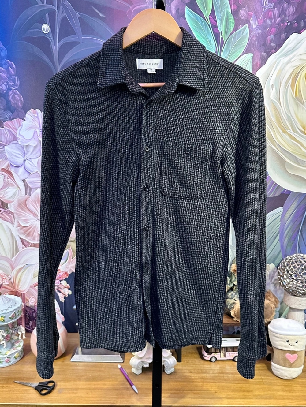 Free Assembly XS Shirt Button-Up Black Houndstooth Long Sleeve Cotton Blend